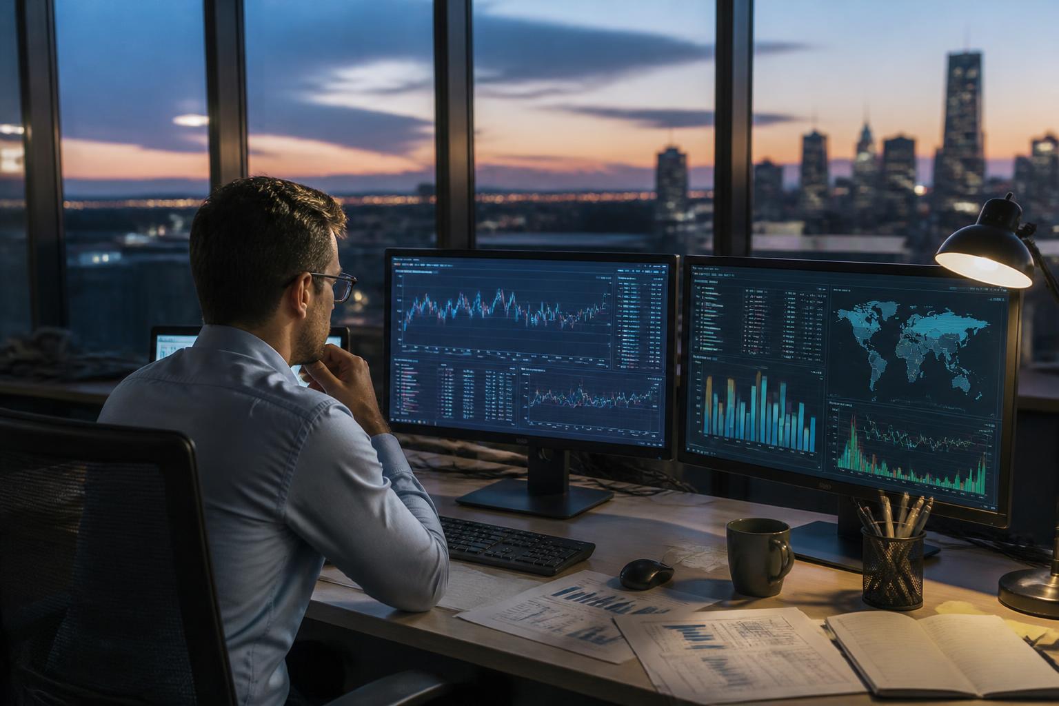 Strategy professional monitoring changing market data on two screens