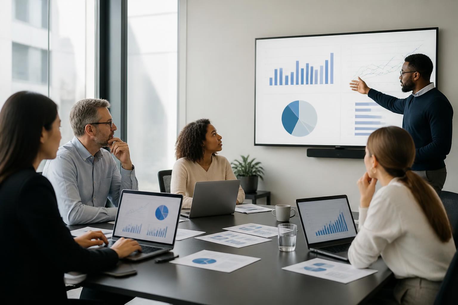 Market intelligence team reviewing research charts together
