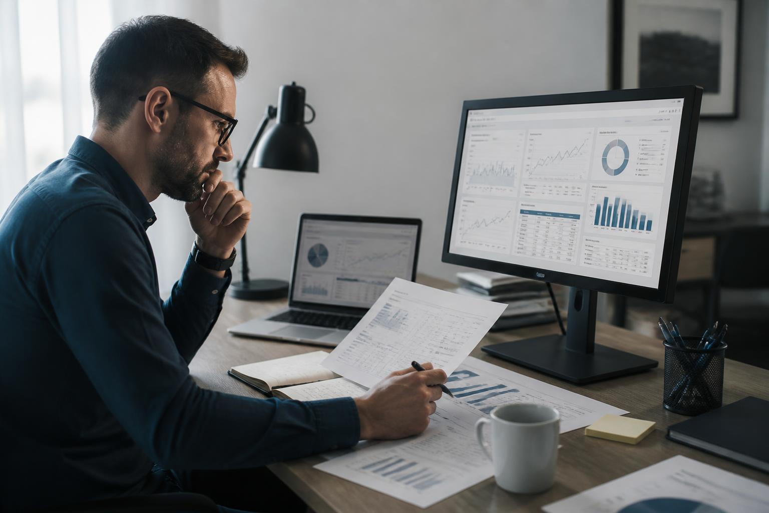 Consultant reviewing a client report across computer screens and printed notes
