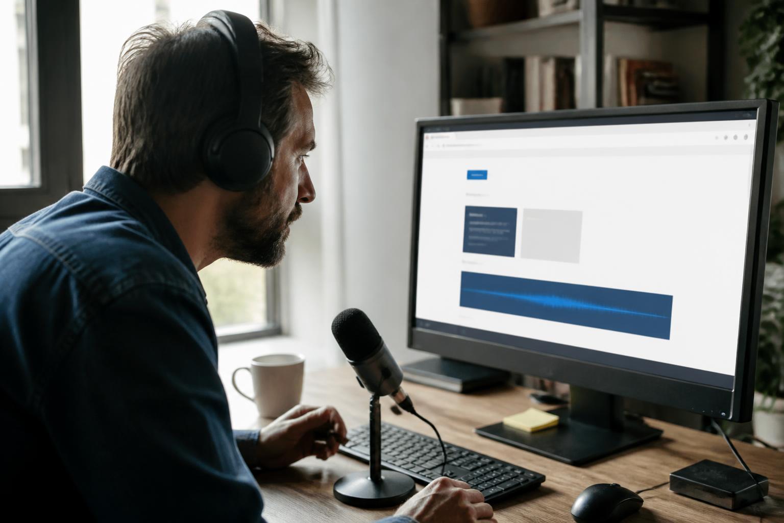 Developer testing a voice-enabled webpage with headphones and a microphone
