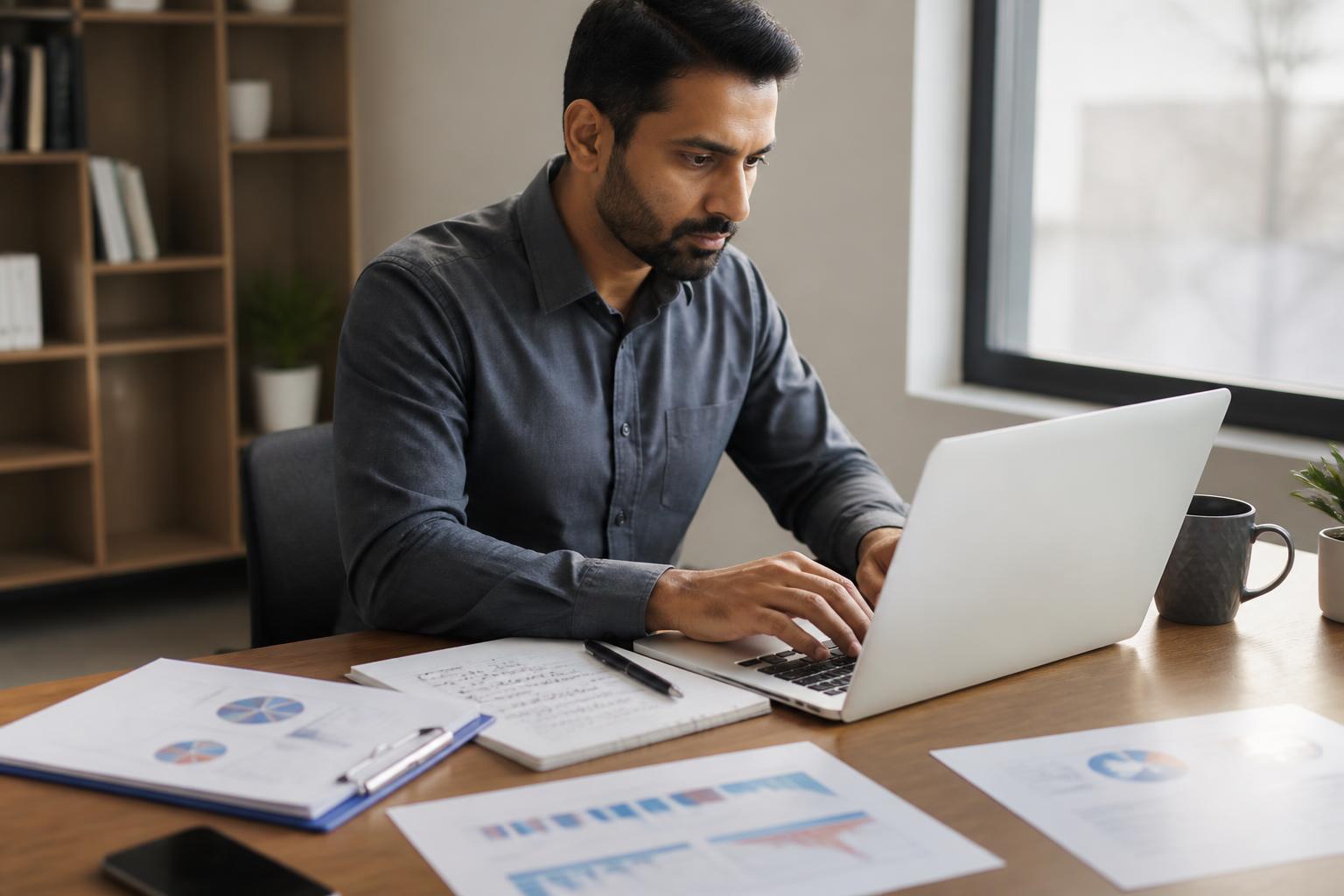 Consultant preparing a client-ready report at a laptop