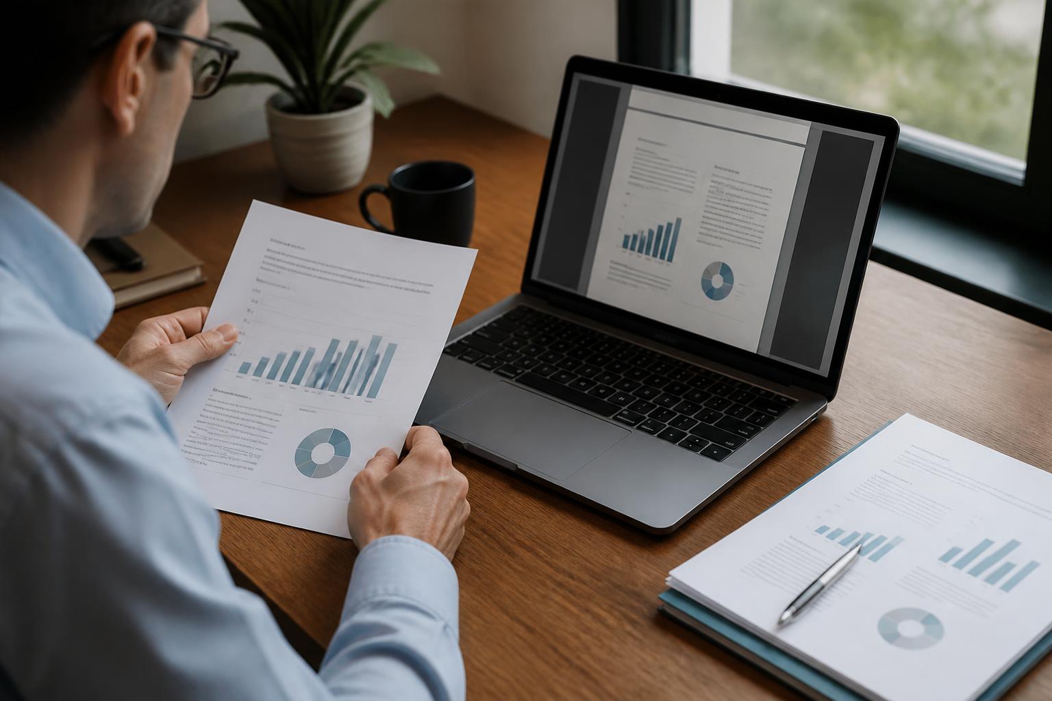 Professional comparing a digital PDF report with a printed copy