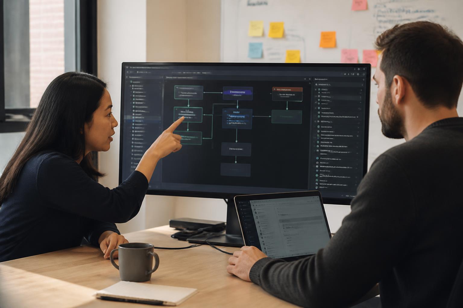 Engineer and product manager reviewing an agent workflow interface