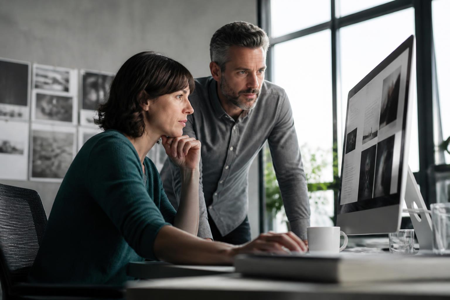 Creative director and analyst reviewing a digital publication on a desktop computer