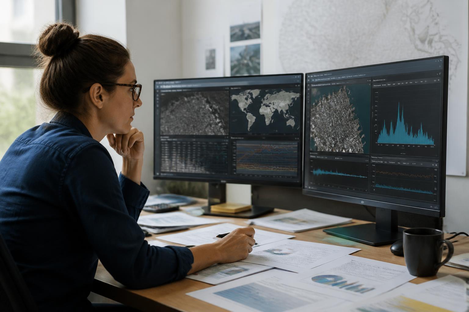 Research analyst comparing intelligence sources across multiple monitors