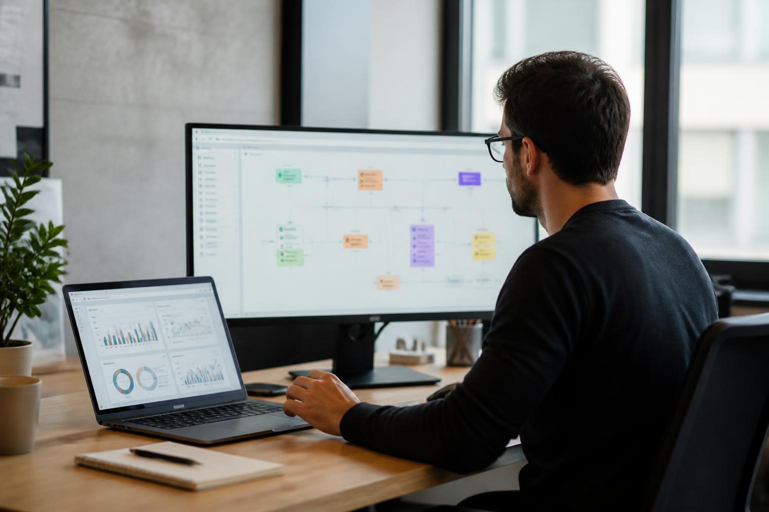 Automation specialist reviewing a visual workflow and report output