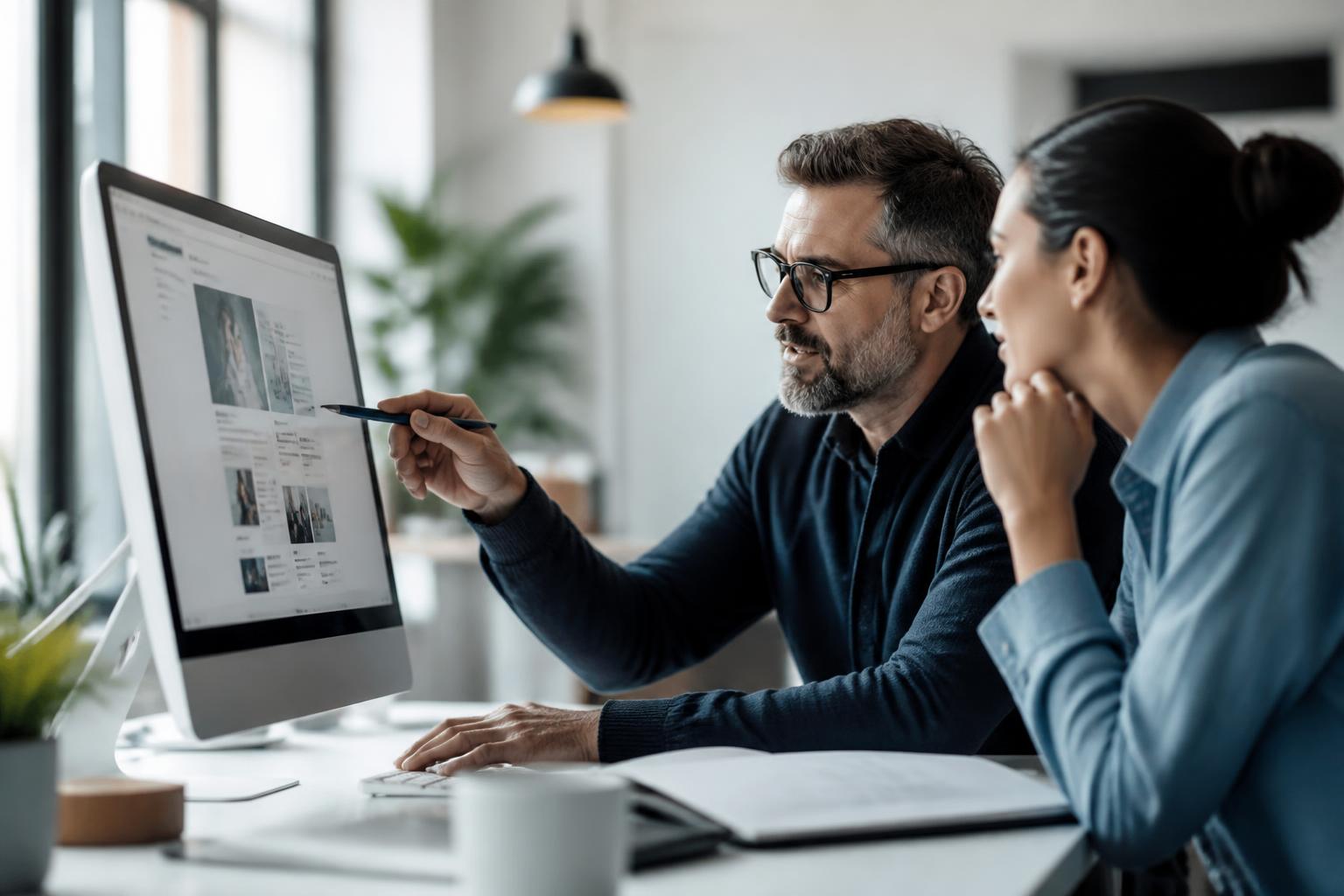 AI workflow architect and colleague reviewing a publication interface